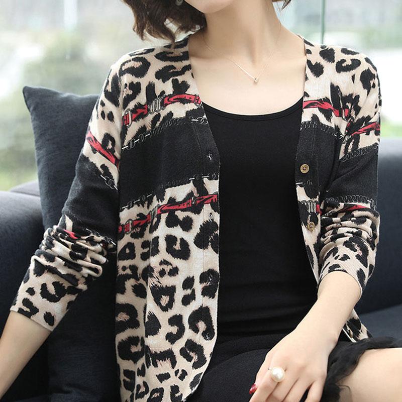 Women's Printed Wool Cardigan Thin Knitted Leopard Cardigan All-match Short  V-neck Knit Jacket Outwear