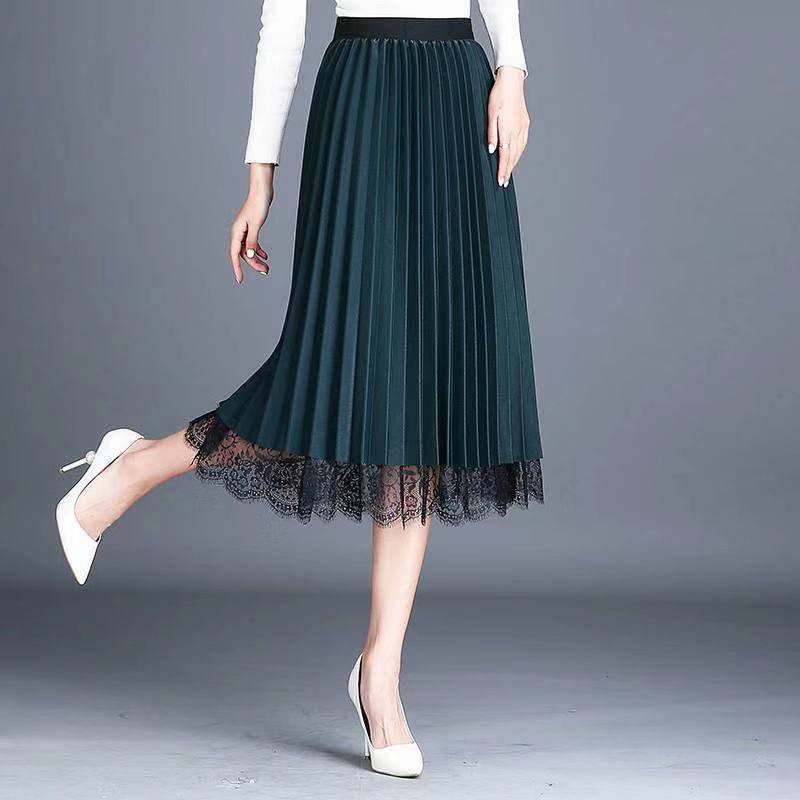 Double Side Wearable Lace Pleated Skirt Women's Large Size High Waist Mid-length Slim Mesh Skirt A-line Pleated Lace Long Skirt