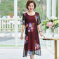 XL-XXXXXL Plus Size Mom's Summer 2 Layers Chiffon Dress Mid-length  Printed Over-the-knee Skirt