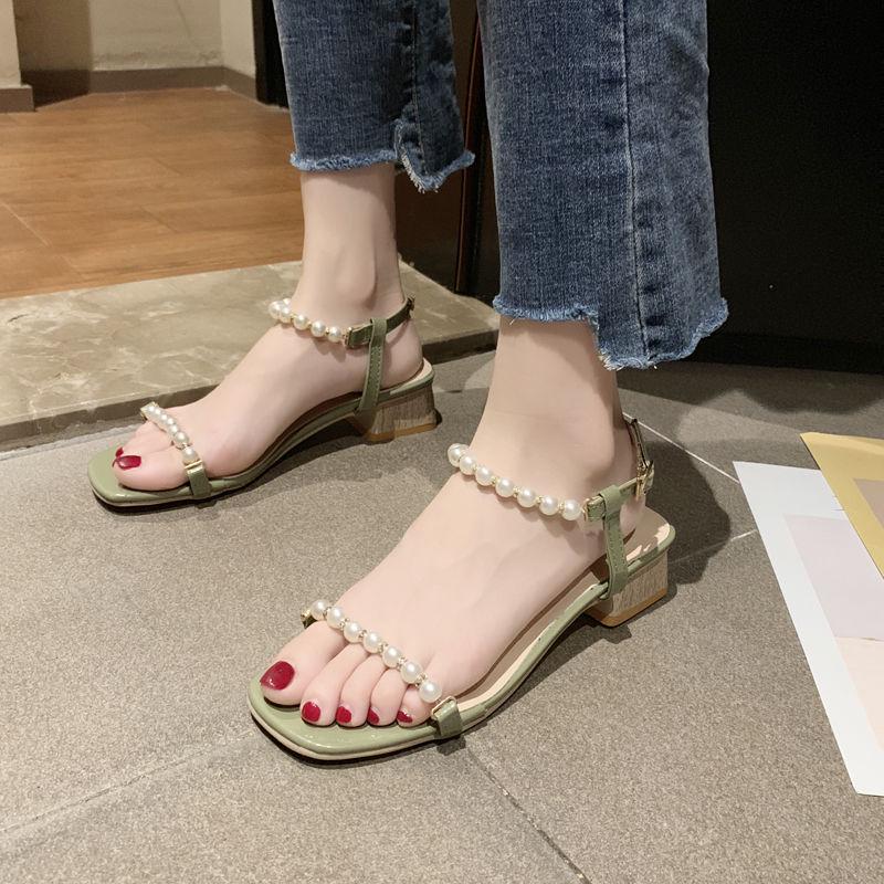 Sandals Women's Summer Korean Fashion Thick Heels High-heeled Pearl Sandals
