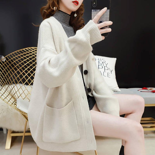 4 Colors Women V-neck Cashmere Long Section Loose Sweaters Knitted Cardigan Button Jacket