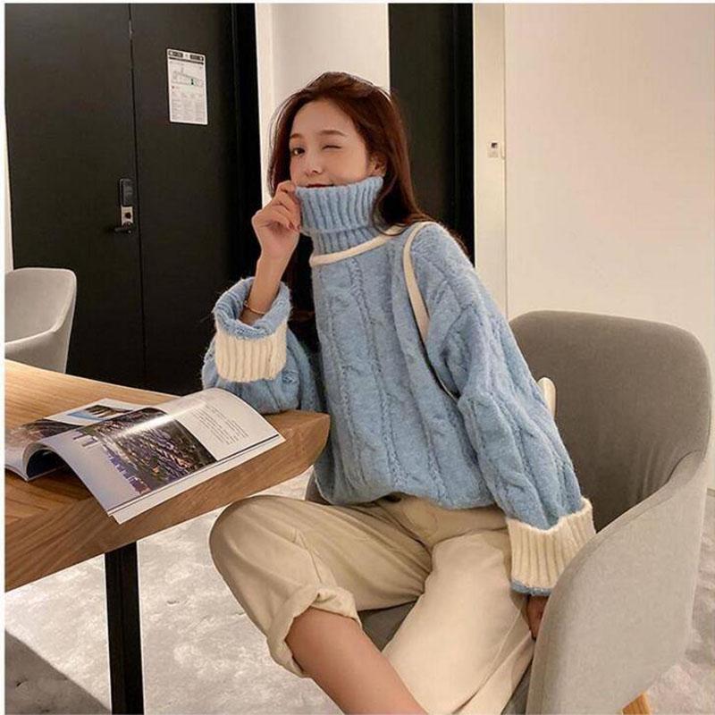 Contrasting Color Turtleneck Sweater In Autumn and Winter Loose Wild Thick Coat Simple Knitted Female Top