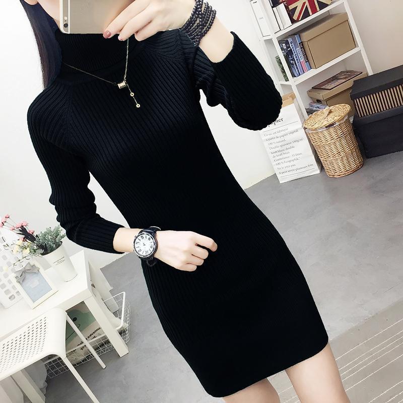 Turtleneck Sweater Women's Mid-length In The Fall and Winter Knit Dress Slim Thick Base Sweater Dress