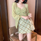 Small Fresh Women's Suit Skirt Summer Fashion New Avocado Green Cardigan Drawstring Suspender Vest Lattice Skirt