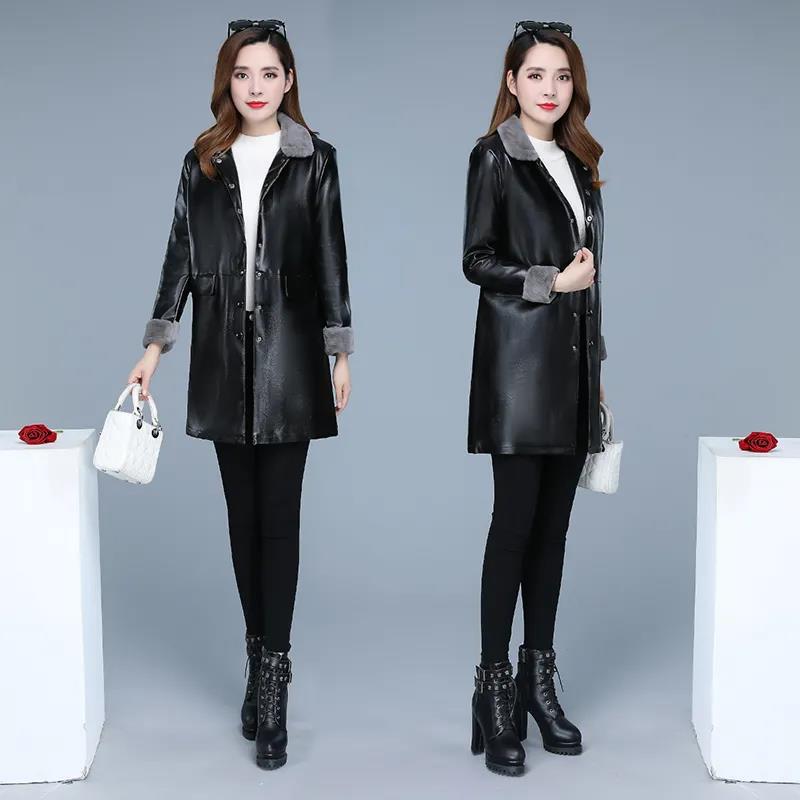 Winter Women's Leather Jacket Fashion Loose Mid-length Leather Jacket Plus Cotton Thick PU Leather Large Size Leather Jacket