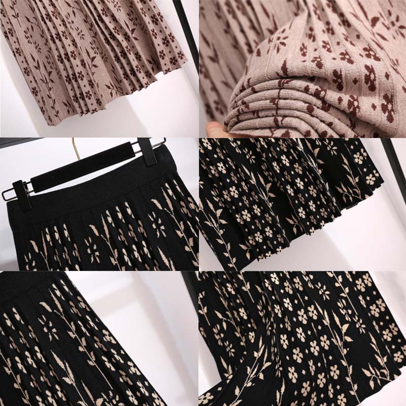 Women's Autumn and Winter Mid-length Fashion High-waist A-line Skirt Pleated Floral Skirt Skirt Over The Knee Knitted Skirt