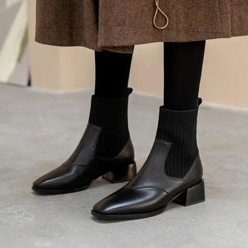 Chelsea Boots Flat Short Boots Autumn and Winter British Style Winter Boots Thick Heel Knitted Stretch Martin Boots Women