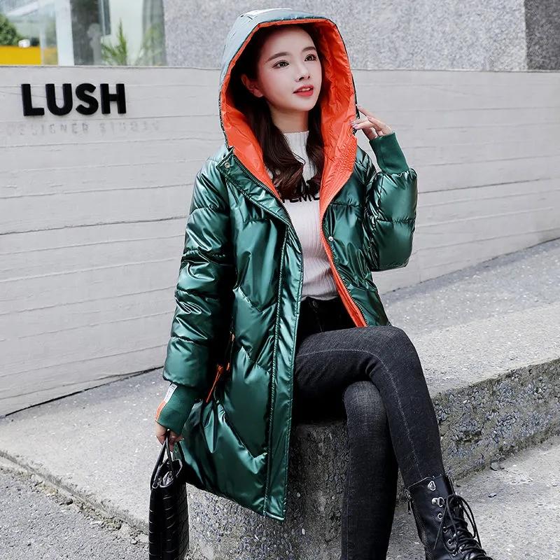 Winter Jacket Parkas Women Glossy Down Cotton Jacket Hooded Parka Warm Female Mid-length Cotton Thick Jacket Casual Loose Outwear Medium Long Overcoat