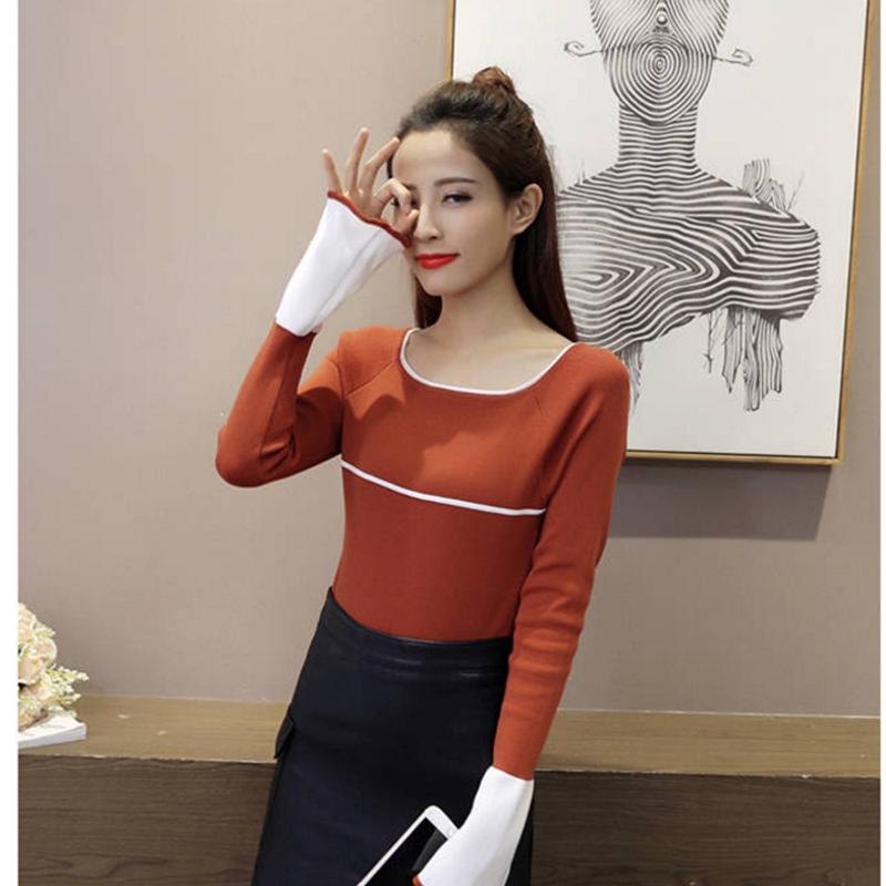 Pofulove flared sleeves hit color wild round neck jumper long sleeve bottoming sweater women