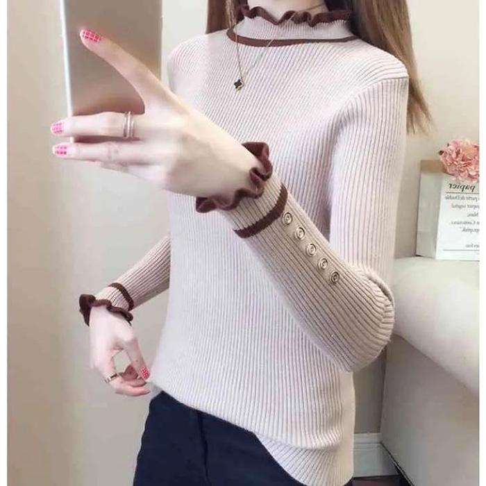 Autumn and Winter Slim-fit Padded Top Ruffled Long-sleeved Sweater All-match Base Sweater