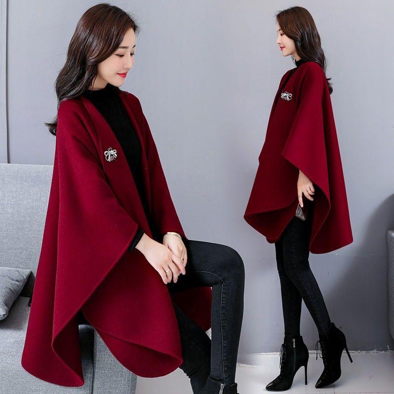 Woolen Coat Women's Cloak-style Coat Cardigan Woolen Coat Irregular Shawl Temperament Versatile Warm and Comfortable Wrap