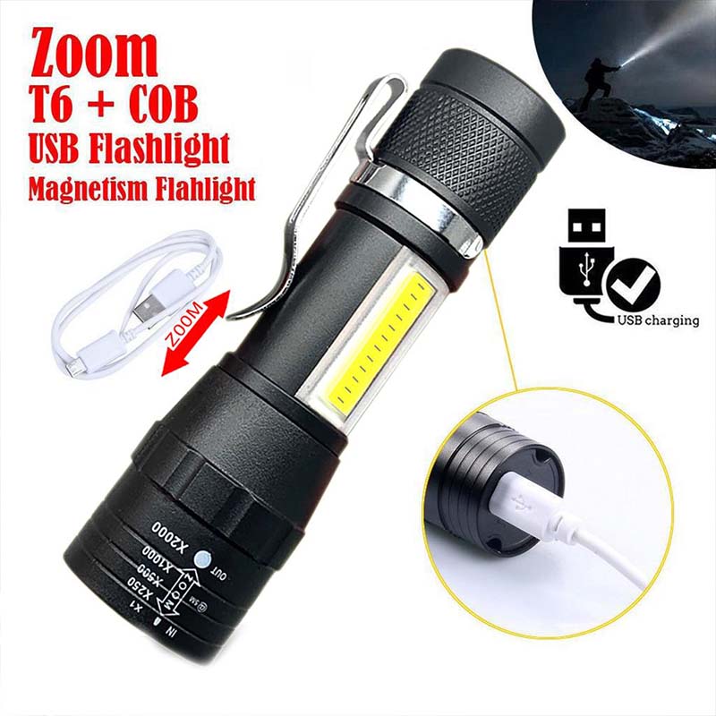 Bright XPE+COB 4Modes USB Rechargeable Waterproof Zoomable LED Flashlight Torch Tial Clip& Cable