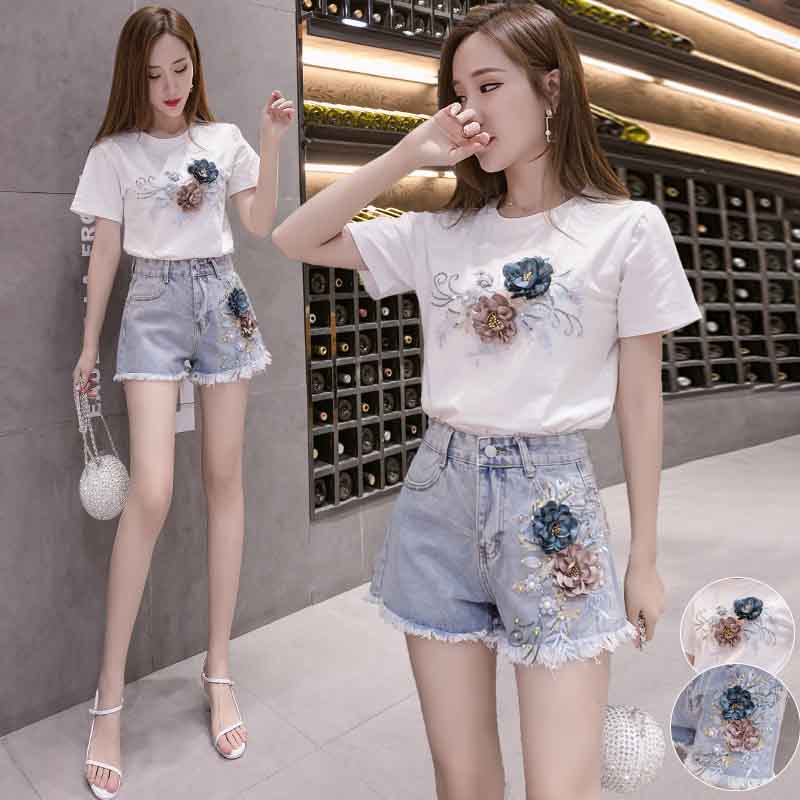 Embroidered Flower Three-dimensional Flower Sexy Denim Shorts Women's Spring and Summer Raw Edge Wide-leg Pants