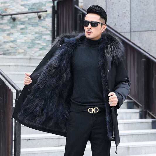 Male Haining Fashion Imitation Raccoon Fur Parker Clothing Mid-length Detachable Liner Fur Coat