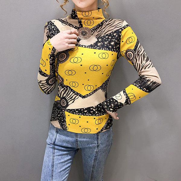 Spring and Autumn Slim Print High Neck Long Sleeve Tops Women's Large Size Stretchy Casual Bottoming Shirts