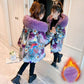 Kids Printed Fur Parkas for  Girls Winter Thick Warm Hooded Faux Fur Coat Unisex  Parka Jacket with Faux Fur Collar Outwear