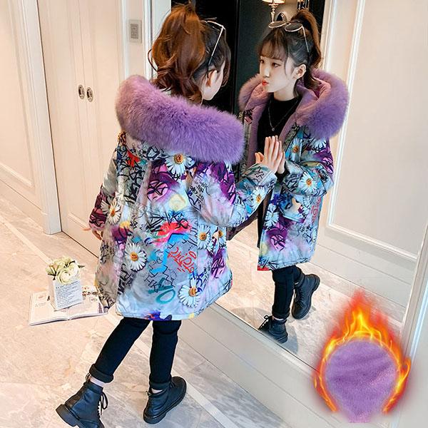 Kids Printed Fur Parkas for  Girls Winter Thick Warm Hooded Faux Fur Coat Unisex  Parka Jacket with Faux Fur Collar Outwear