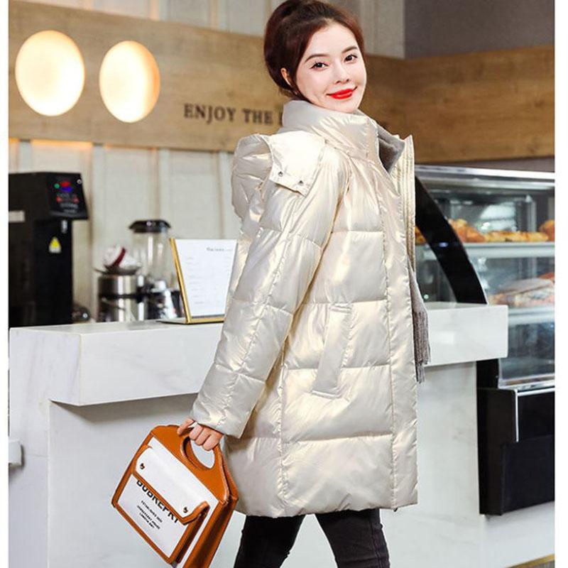 Down Cotton Jacket Winter Thicken Warm Loose Fashion Color Glossy Disposable Stand Collar Mid-length Cotton Jacket Women