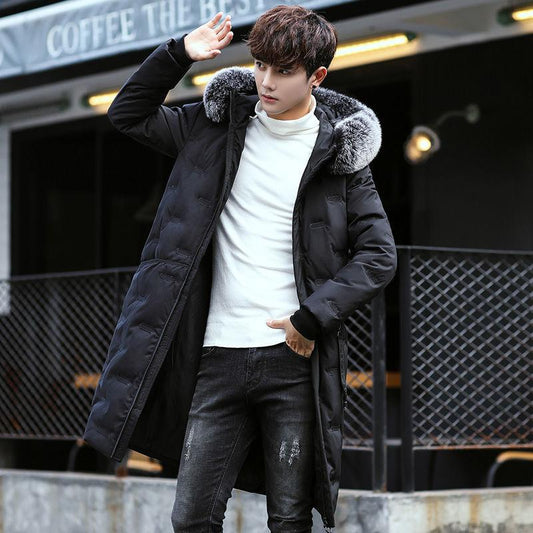 Down Jacket Men's Mid-length Winter Thick Hooded White Duck Down To Keep Warm Korean Style Loose Casual Fashion Big Fur Collar Down Jacket Trend