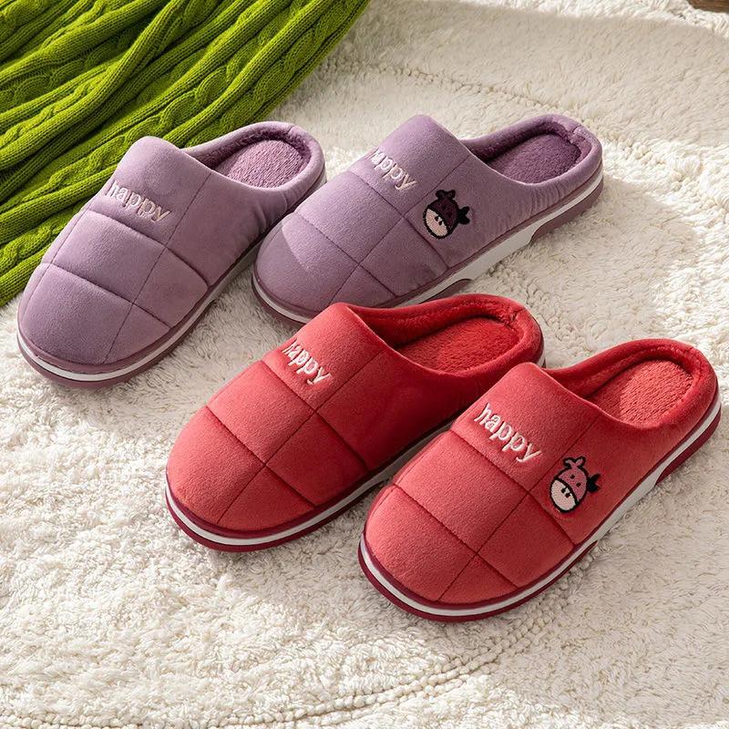 Winter Slippers Women Plaid Embroidery Non Slip Warm Men Slides Thick Fleece Warm Slippers Plus Size Shoes