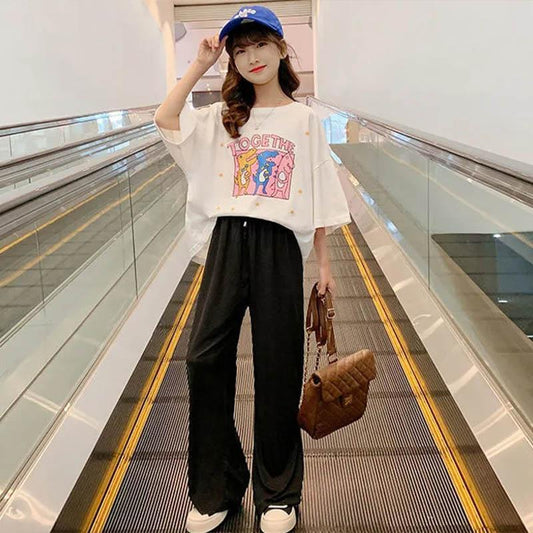 Girls Summer Suits Cute Printed Short Sleeves Loose Casual Pants Soft Breathable Skin-Friendly and Comfortable Two-piece Set