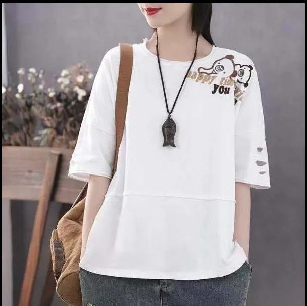 Large Size Short Sleeve Shirt Women Cotton Shirt Bear Print Casual Pullover Thin T-shirt