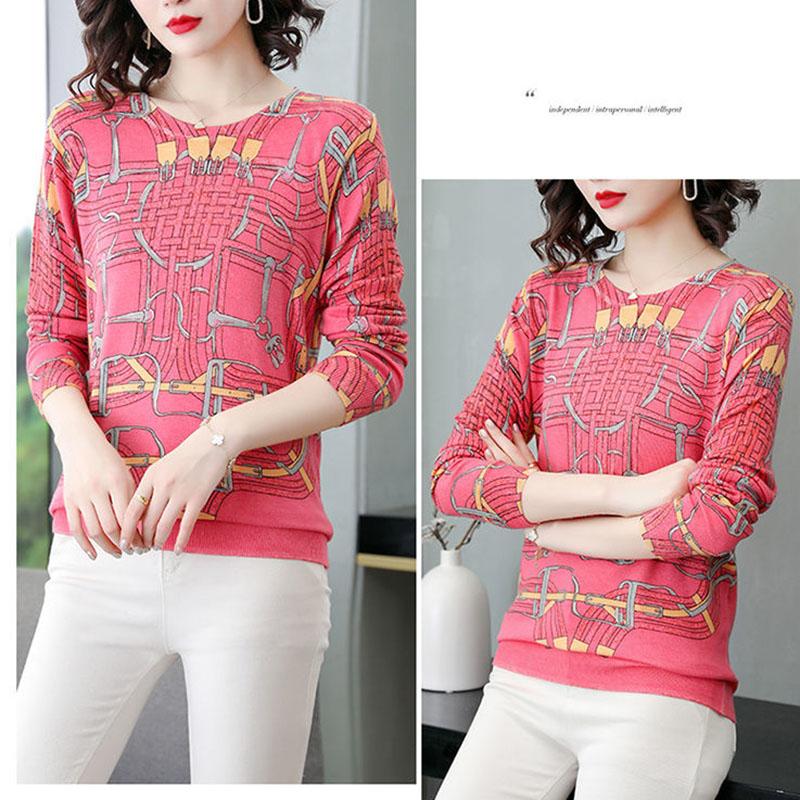 Plus Size Women Woollen  Sweater Printed  Knitted Pullover Sweaters O-Neck Loose Warm Jumper Outwear