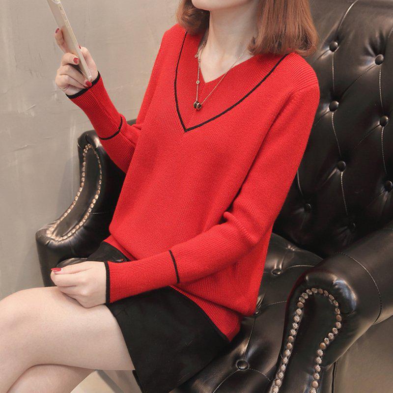 Autumn Women Blue V-neck Pullover Sweater Lazy Loose Solid Color Casual Sweater Pullovers