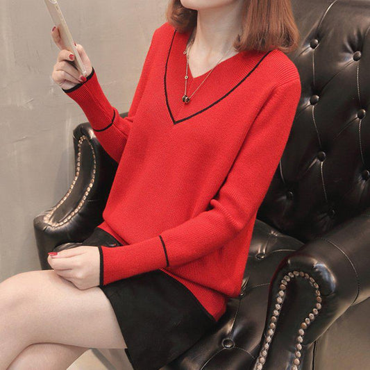 Autumn Women Blue V-neck Pullover Sweater Lazy Loose Solid Color Casual Sweater Pullovers