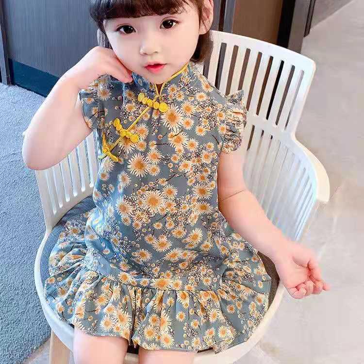 Children Dress Spring Summer Broken Flower Kids Clothing  Baby Girls Clothing Sleeveless Cheongsam Dress Girl