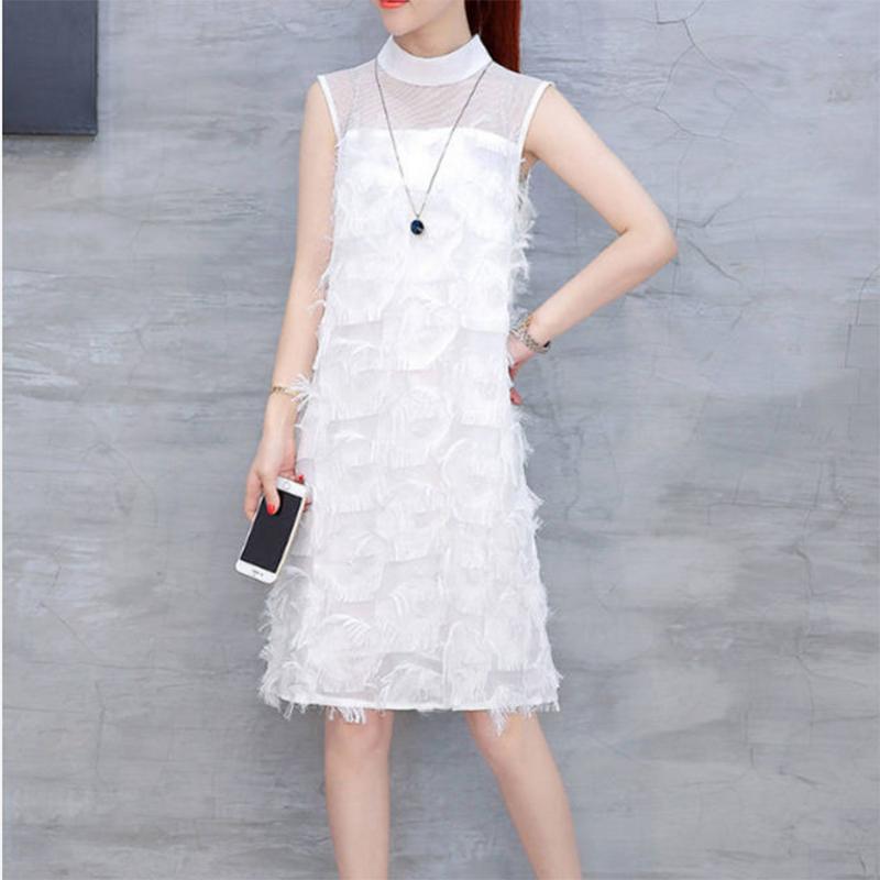 Tassel Chiffon A-line Skirt Women's Summer Dress Sleeveless Round Neck Knee-length Daily Wear Home Dating Party