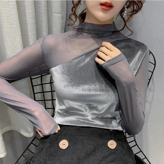 Women's Spring and Autumn Long-sleeved Tops Half Turtleneck Mesh Slim Bottoming Shirts