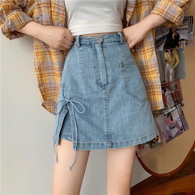 Women Sexy Sweet Solid Split Denim Skirt High Waist Above Knee Hip Skirt Casual Club Home Office
