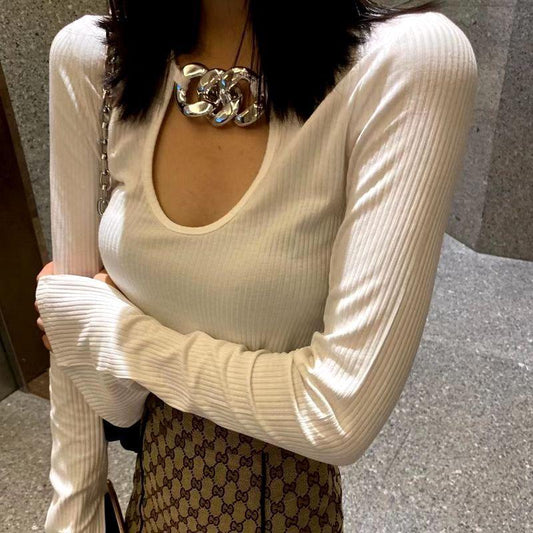 Spring and Autumn Slim Sexy Bottoming Shirt Long-sleeved Knitted Hollow Top Fashion Simple Female Sweater
