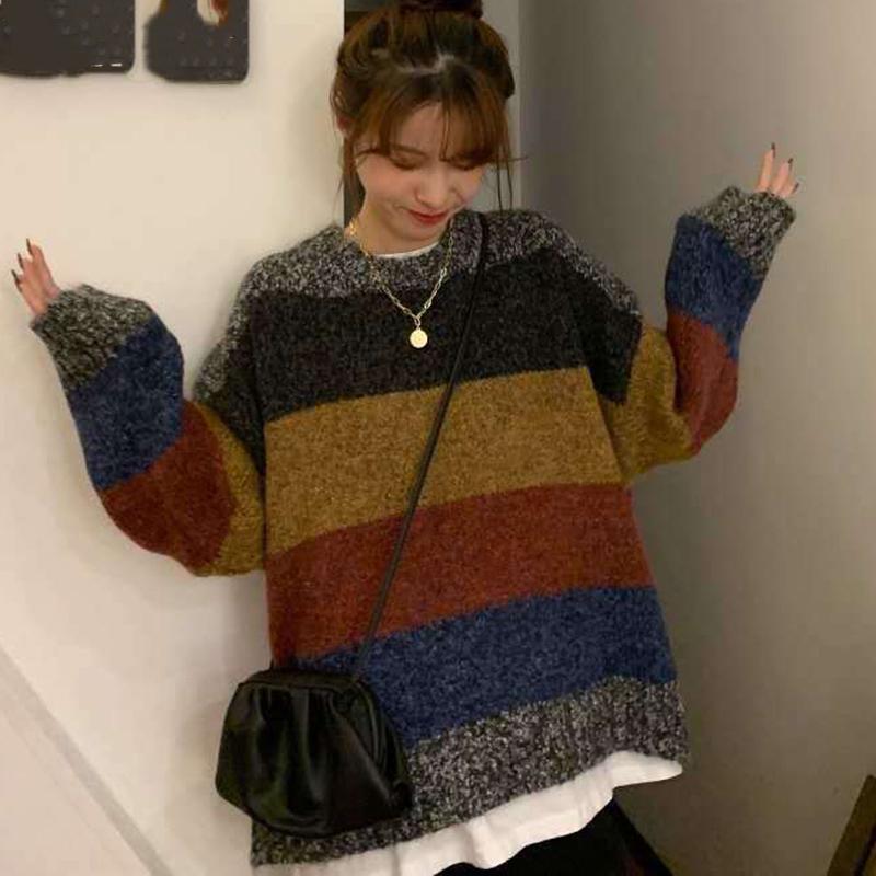 Women's Autumn  Winter Long-sleeved Hedging Striped Color-blocking Sweater All-match Casual Fashion Sweater