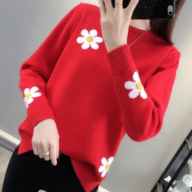Autumn and Winter Round Neck Sweater Fashion Slim Bottoming Shirt Flower Pattern Simple Blouse