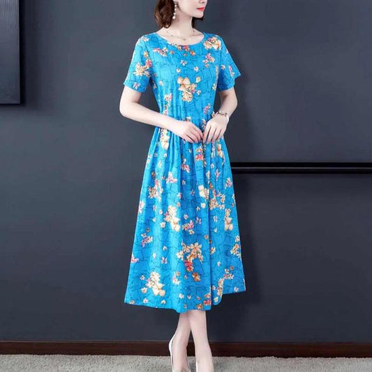 Women's Summer Short-sleeved Mid-length Skirt Floral Round Neck Slim Dress