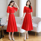 Spring Summer Chiffon Dress Female Short-sleeved Round Neck Mid-length Solid Color Over-the-knee Long Skirt Waist Is Thin