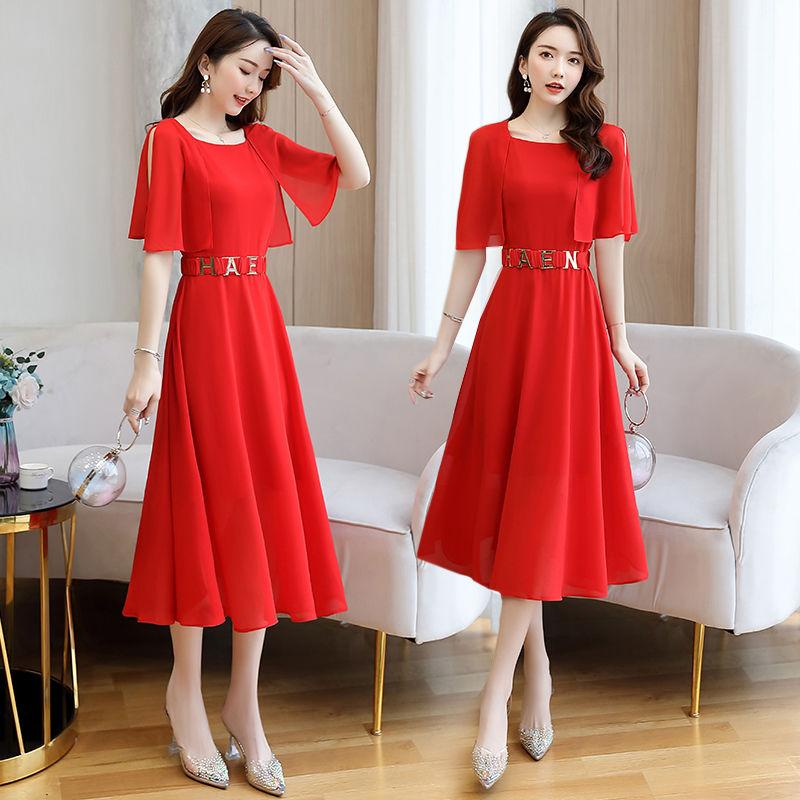 Spring Summer Chiffon Dress Female Short-sleeved Round Neck Mid-length Solid Color Over-the-knee Long Skirt Waist Is Thin