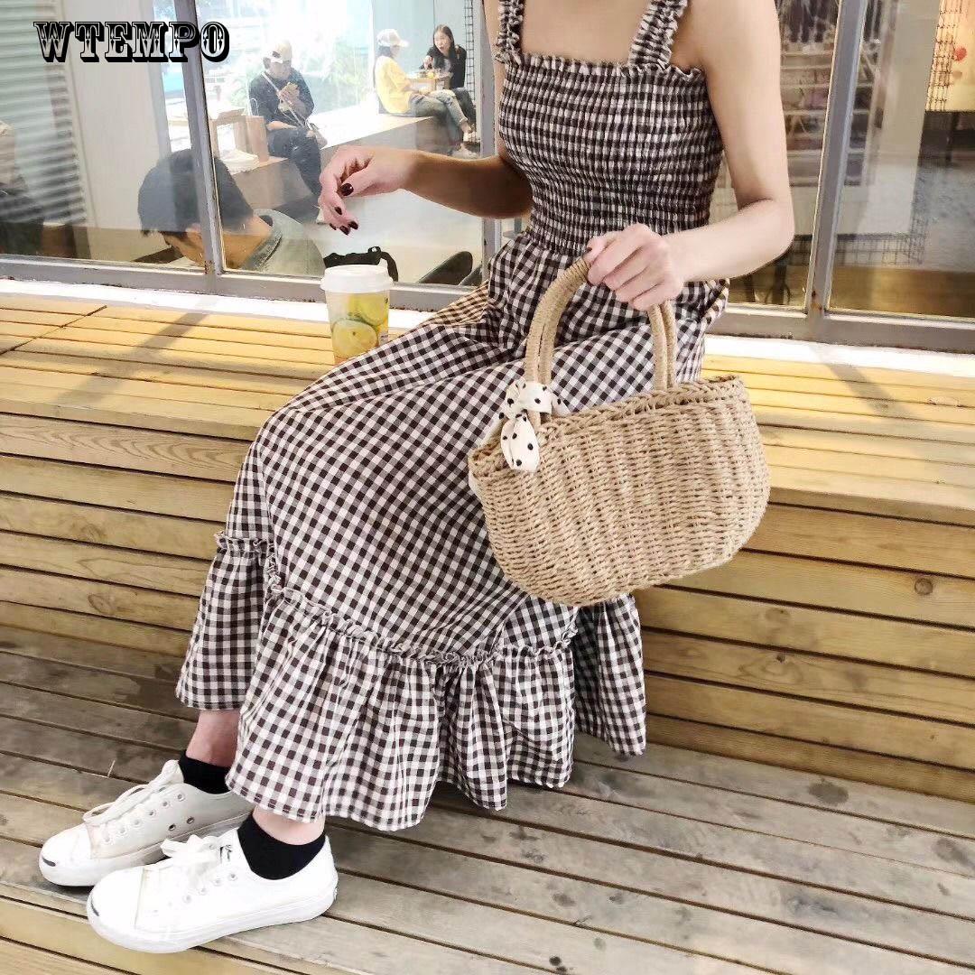 WTEMPO Brand Summer Loose Sling Small Fresh Women's Student Tube Top Long Plaid Dress