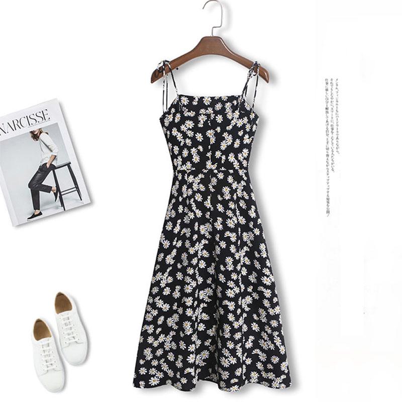Pofulove Women's Little Daisy Floral Dress Summer Sleeveless slip dress  Midi Sexy A-line ruffled Spaghetti Strap Dress