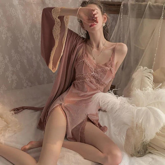 Women's Autumn Winter Sexy Pajamas Sest Gold Velvet Suspender Nightdress Robe High-quality Lace Slit Nightgowns Casual Solid Color Homewear
