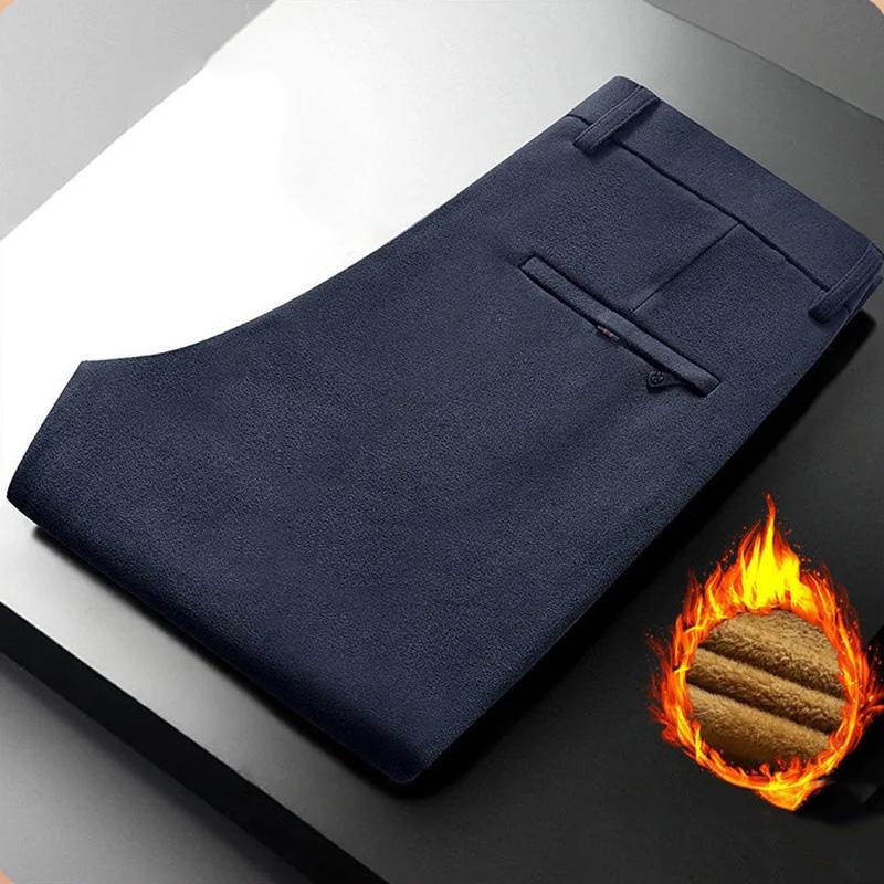 Men's Casual Pants Loose Straight-leg Bussiness Trousers Pants Autumn Winter Thick High-waist Stretch and Fleece Trousers Solid Outdoor Long Pants
