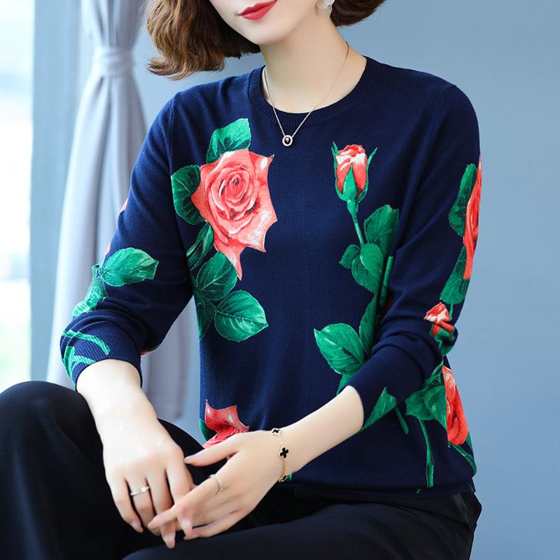 Ethnic Style Rose Print Sweater Women Fall Winter Casual Pullover Sweater Retro Plus Size Woolen Sweater