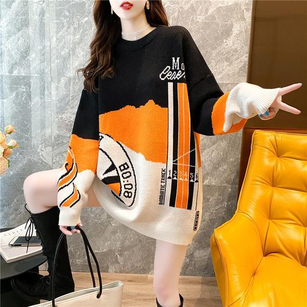 Autumn Loose Round Neck Pullover Sweater Women Mid-length All-match Knitted Top