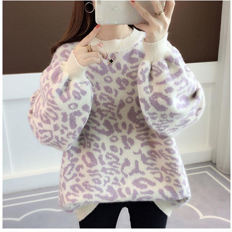 Leopard Sweater Girl Student Loose Winter Pullover Thick Lazy Knit Sweater Lantern Sleeve Sweater