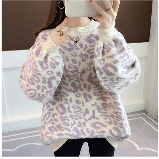 Leopard Sweater Girl Student Loose Winter Pullover Thick Lazy Knit Sweater Lantern Sleeve Sweater