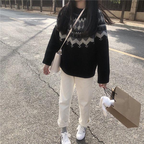 Autumn Winter Turtleneck Sweater Women Nordic Style Rhombic Grid Loose Thick Pullover Sweater Students All-match Bottoming Outer Wear Sweater
