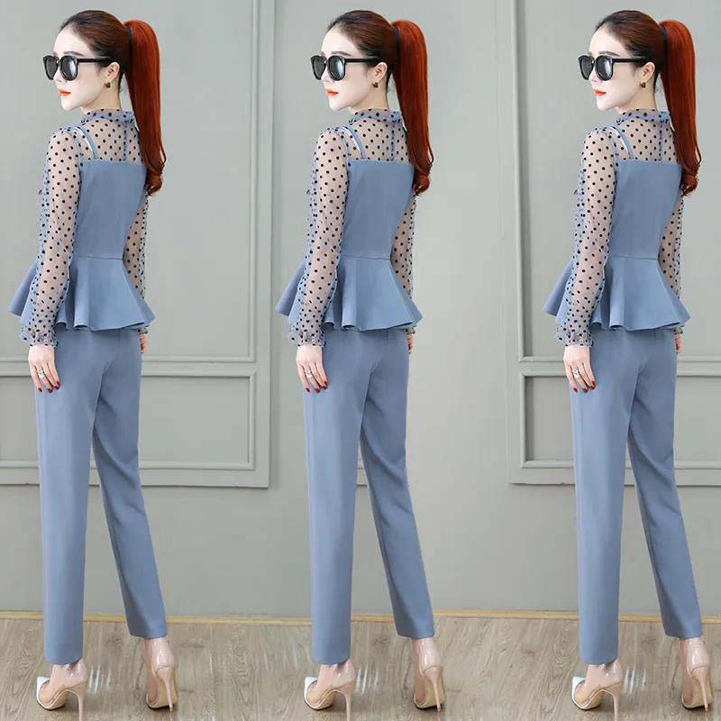 Ladies Professional Suit Xiaoxiangfeng Spring and Autumn Thin Temperament Two-piece Round Neck Long-sleeved Shirt + Casual Suit Pants