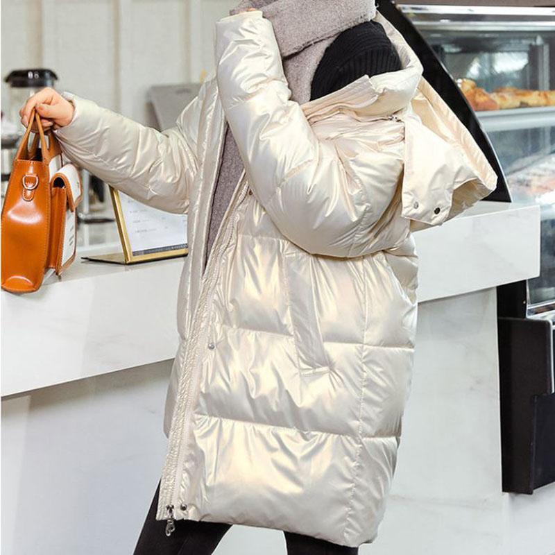 Down Cotton Jacket Winter Thicken Warm Loose Fashion Color Glossy Disposable Stand Collar Mid-length Cotton Jacket Women